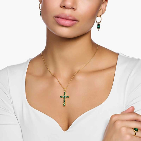 Pendant cross with green stones gold plated - Thomas Sabo - Suuri valikoima & ilmainen lahjapaketointi - Nordicspectra.fi