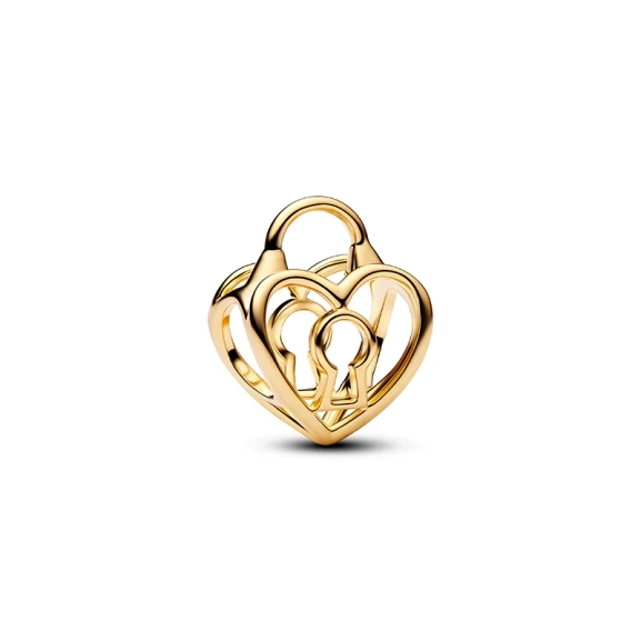 Pandora Moments Charm in Herzform und mit Vorhängeschloss aus 14-karätigem Gold. Symbolisiert Vertrauen