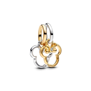 Teilbarer Anhänger-Anhänger „Disney Mickey & Minnie“ aus Silber und 14 Karat vergoldetem Mischmetall mit der Gravur „Better“ und „Together“ aus der Disney x Pandora-Kollektion.