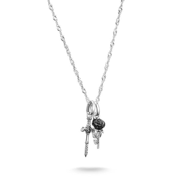 Svärd & Ros True Romance Halsband i återvunnet 925-silver med svart ros och zirkonier