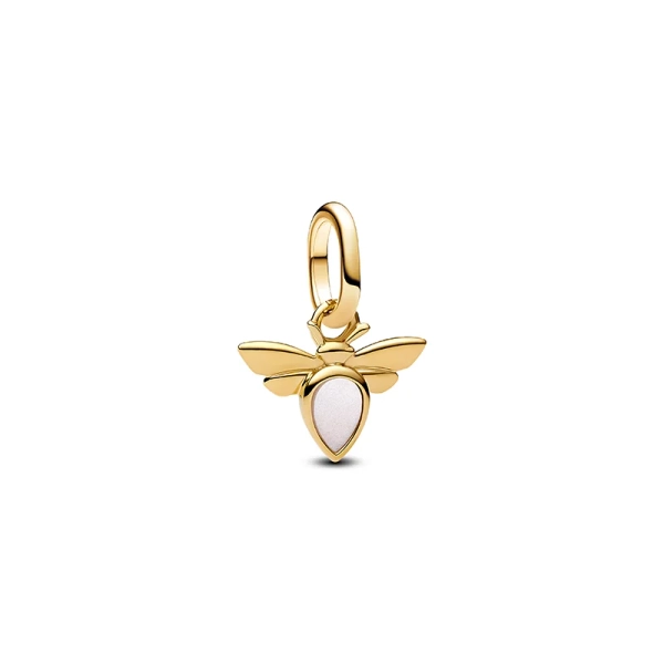 Vitt Bi Minihängberlock Guld från Pandora ME. Eleganta detaljer i 14K guldpläterad metall och vit konstgjord pärlemor. Symboliserar dedikation