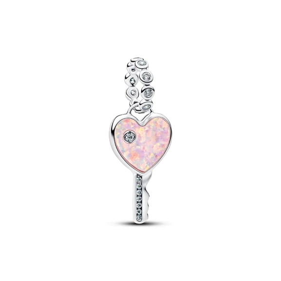 Pandora Moments Herzanhänger aus Sterlingsilber mit rosafarbenem synthetischem Opal und Zirkonia. Die Botschaft „NO DUPLICATES“ symbolisiert einzigartige Liebe.