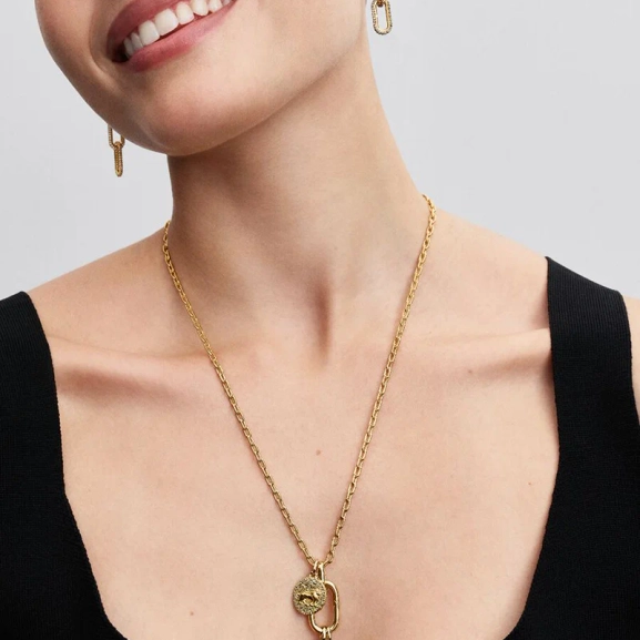 Medaljong Lejon Berlock Guld från Pandora ME med lejonmotiv och latinsk inskription "VITA VERITAS VIRTUS". En symbol för styrka och karaktär.