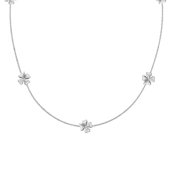 Halsband i blankt rostfritt stål med fem stiliserade fyrklöver på kedjan