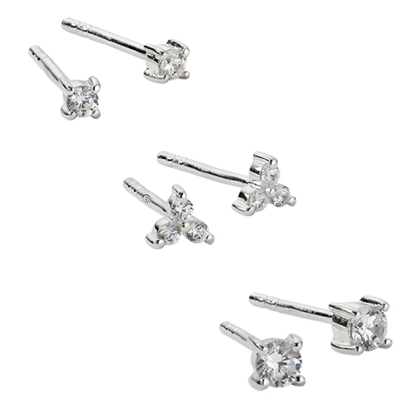 Celestia Studs Set Silver: tre par stilrena silverörhängen med cubic zirconia i olika storlekar från Syster P.