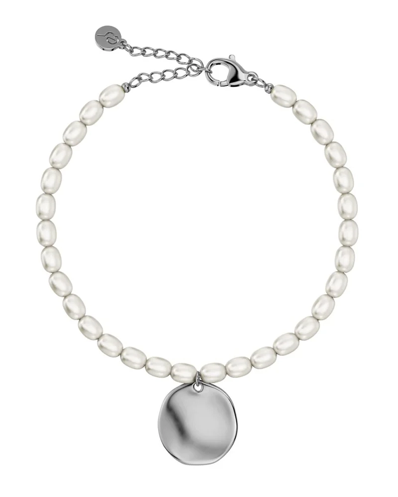 Elegant armband i rostfritt stål med pärlemorpärlor och oregelbundet hänge