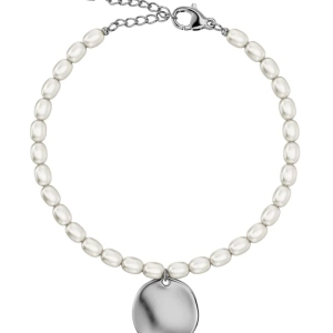 Elegant armband i rostfritt stål med pärlemorpärlor och oregelbundet hänge