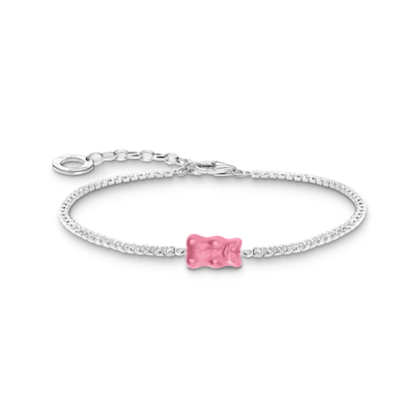 HARIBO Rosa Tennisarmband i återvunnet silver med vita zirkoniastenar och rosa kristallglasbjörn