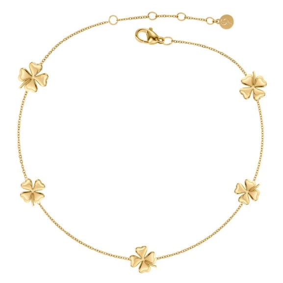 Fotlänk i 14K guldplätering med fem små stiliserade fyrklöver på tunn kedja