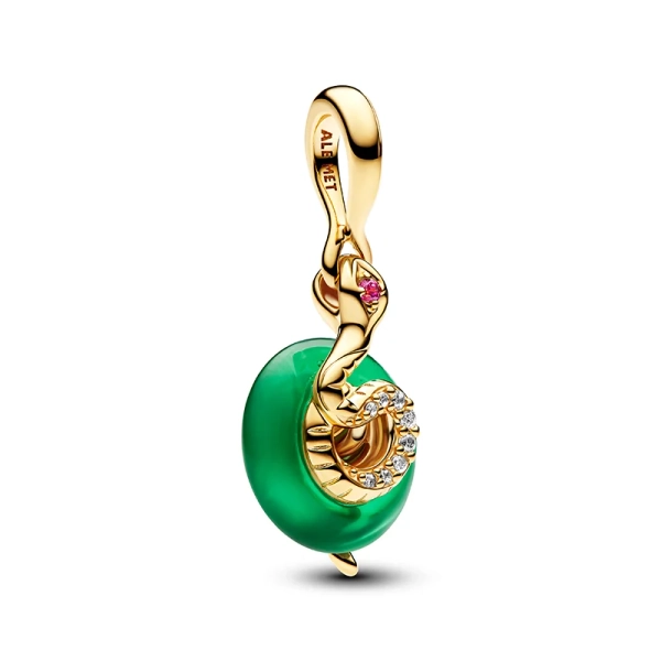Ormönstrat hängberlock i ormgrönt Muranoglas med 14K guld och stenar. Symboliserar visdom och förändring