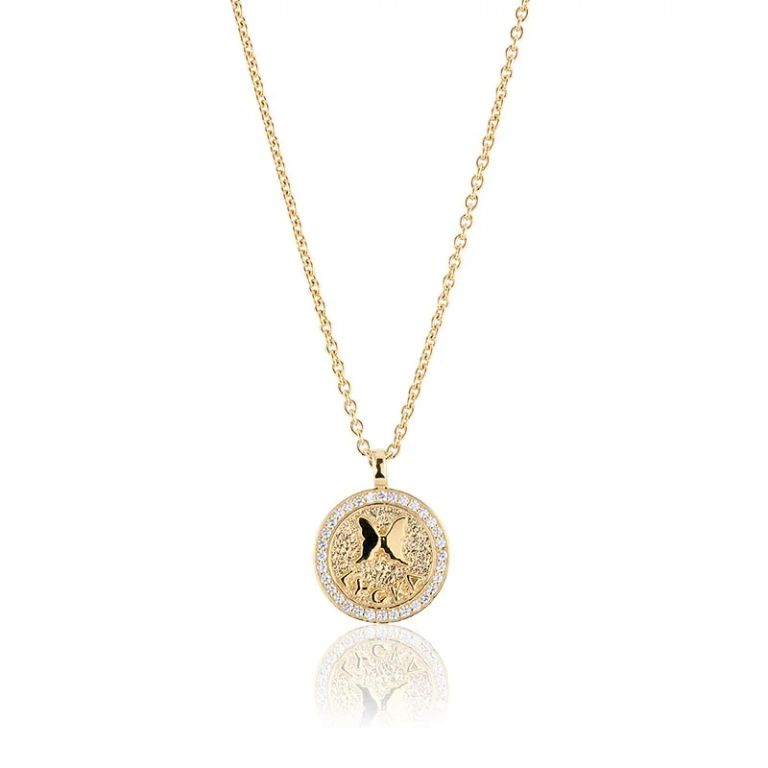 Lycka Halsband Guld med fjärilsamulett i 24K guldpläterat silver och cubic zirconia-stenar