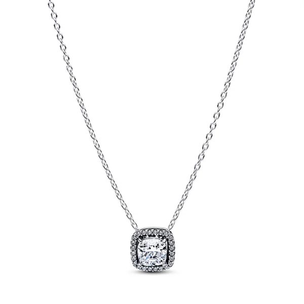 Funkelnde Square Halo-Halskette aus der Pandora Timeless-Kollektion mit Zirkonia-Steinen und aus Silber.