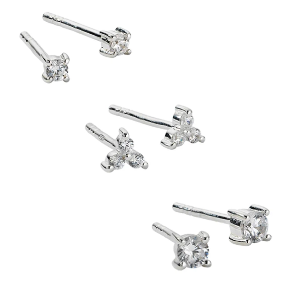 Celestia Studs Set Silver: tre par stilrena silverörhängen med cubic zirconia i olika storlekar från Syster P.