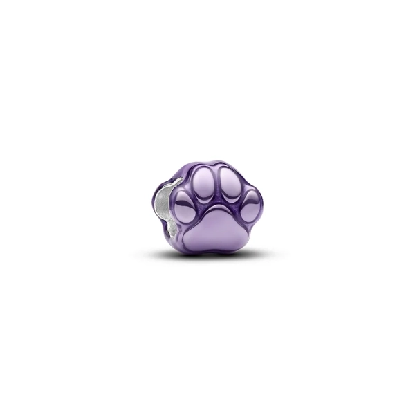 Der lila Mini-Charm „Pfotenabdruck“ von Pandora aus Silber mit lila Emaille in Form eines Pfotenabdrucks symbolisiert Freundschaft und Treue.