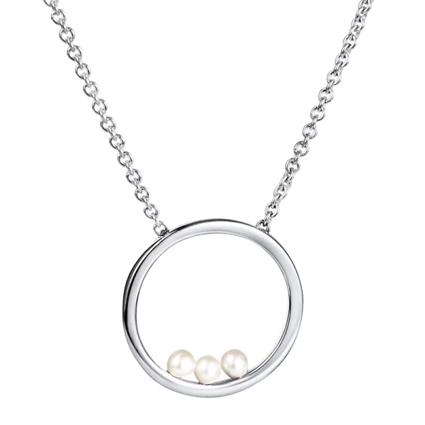 Roller Coaster Necklace i silver med tre sötvattenpärlor i en rund ram
