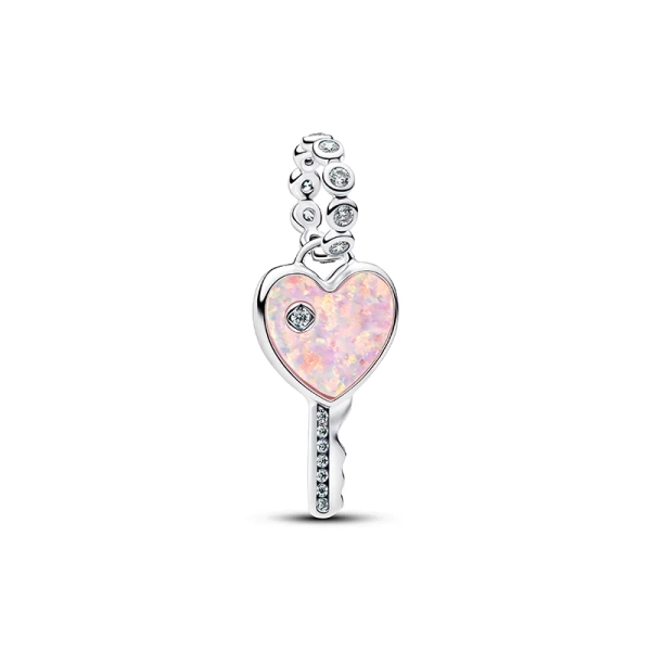 Pandora Moments Herzanhänger aus Sterlingsilber mit rosafarbenem synthetischem Opal und Zirkonia. Die Botschaft „NO DUPLICATES“ symbolisiert einzigartige Liebe.