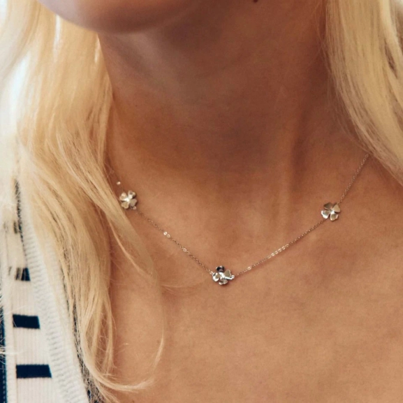 Halsband i blankt rostfritt stål med fem stiliserade fyrklöver på kedjan