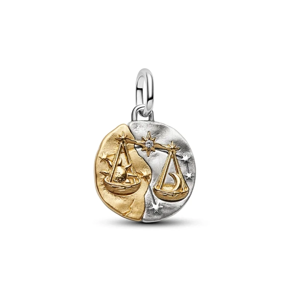 Libra Medaillon-Charm von Pandora ME aus Silber und 14-karätiger Goldplattierung mit einem Waagenmotiv