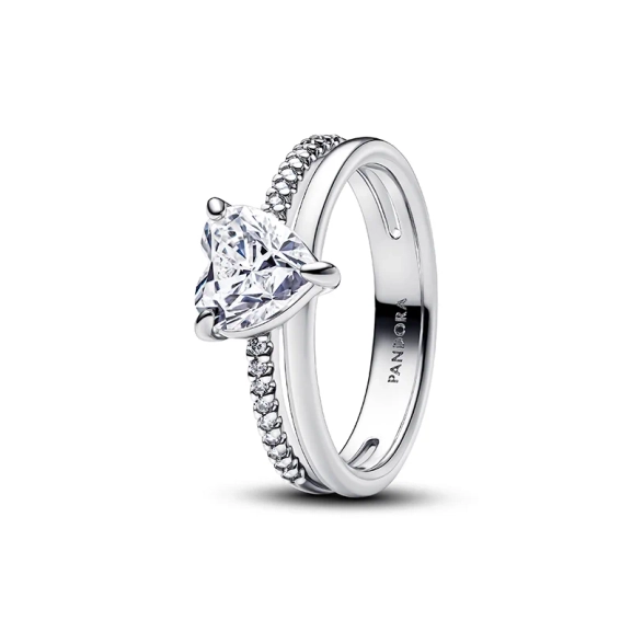 Doppelter Bandring mit Herz aus Sterlingsilber mit herzförmigem Zirkonia. Symbol für starke Bindungen und die Kraft der Liebe. Pandora Timeless-Kollektion. Artikelnummer: 193100C01.