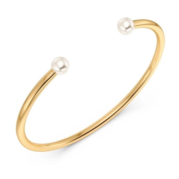 Guldfärgat öppet armband med två stora pärlor i ändarna
