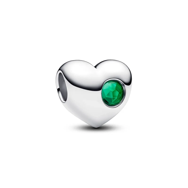 Monatsstein Mai Herz-Charm in Silber mit grünem Kristall und Zirkonia-Steinen. Symbolisiert Liebe