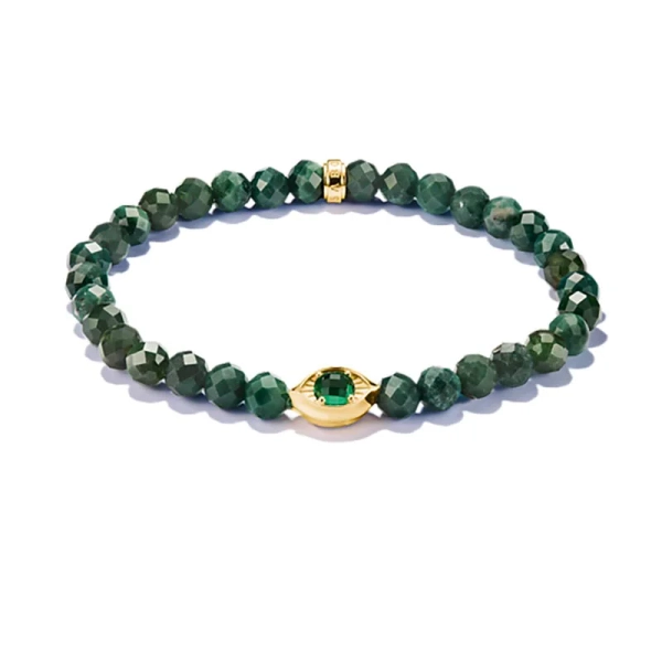 Kularmband Grönt Öga från Thomas Sabo med gröna agatpärlor och smaragdgrön eye-bead i guldpläterat silver.