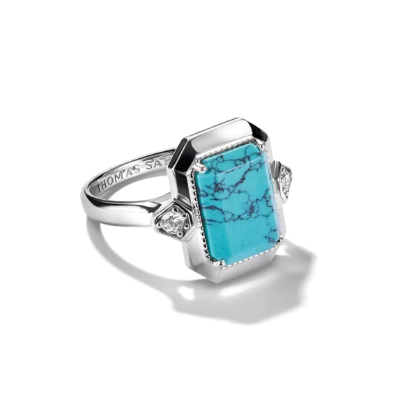 Elyndra cocktailring från Thomas Sabo i silver med åttkantig imiterad turkos och två vita zirkoner på sidorna.