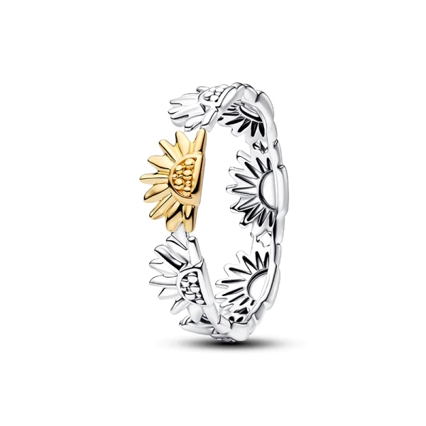 Zweifarbiger Sonnenblumenring von Pandora aus Silber und 14-karätiger Vergoldung mit einem detaillierten Sonnenblumenmotiv