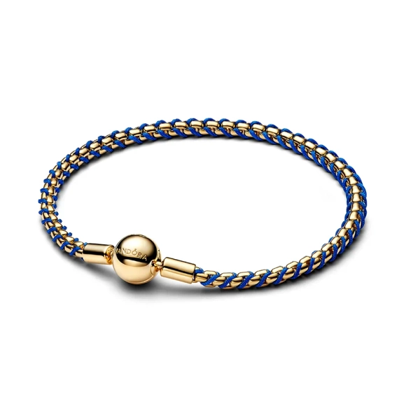 Pandora Moments Geflochtenes Armband Blau & Gold mit blauem Textilband und Details aus vergoldetem Sterlingsilber