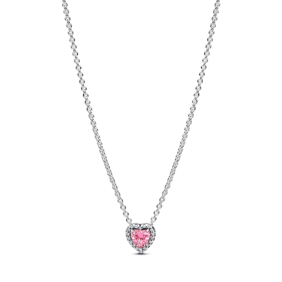 Rosafarbene Herzkette mit funkelnden Steinen aus Sterlingsilber aus der Pandora Timeless-Kollektion.