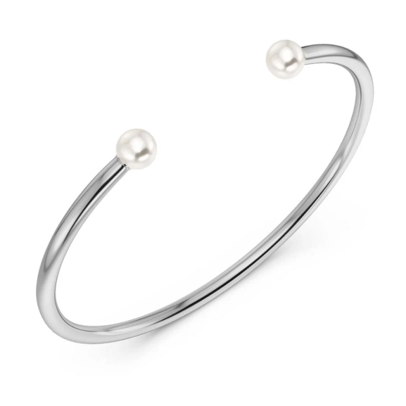Armband i polerat rostfritt stål med öppen design och två pärlor i ändarna