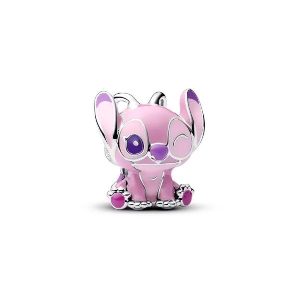 Disney Lilo & Stitch änglaberlock från Pandora i glänsande sterlingsilver med lila och rosa emalj. En lekfullt elegant tillskott till din smyckessamling