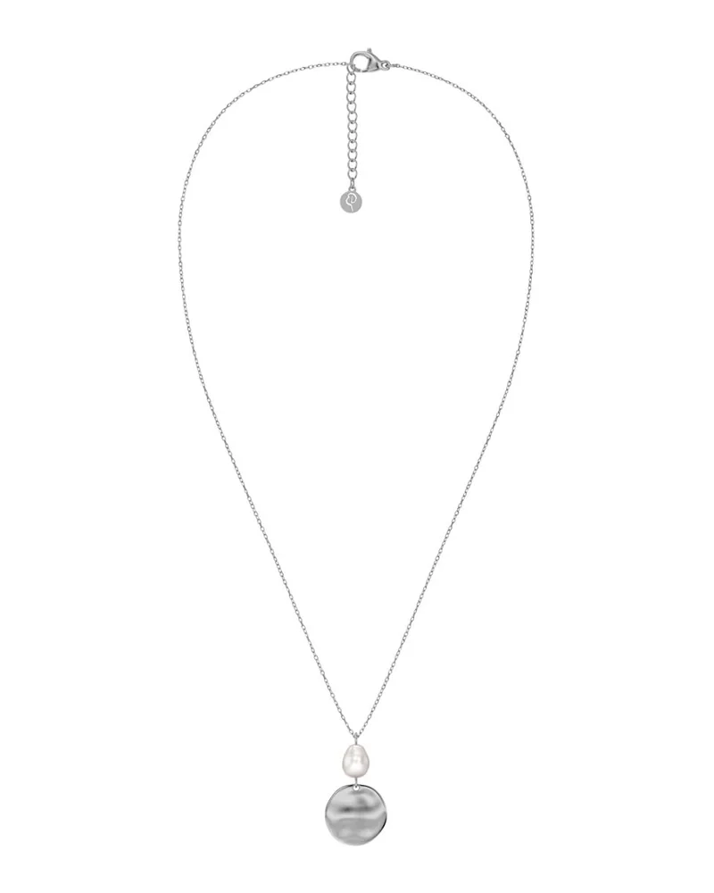 Elegant halsband i rostfritt stål med pärlemorpärla och oregelbundet hänge på facetterad ankarkedja