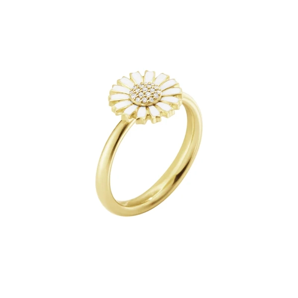 Daisy Vit Ring Guld Diamanter med vit emalj tusensköna och diamanter