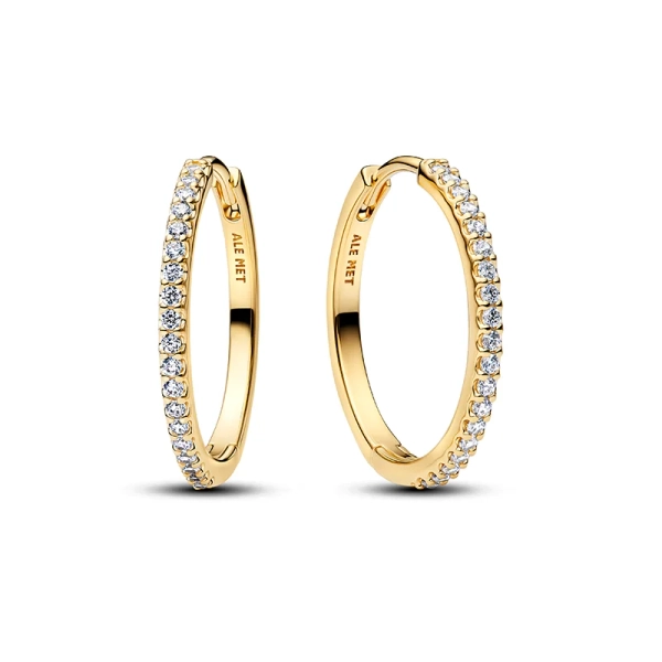 Funkelnde Creolen in Gold von Pandora – elegante Ohrringe mit Pavé-Fassung aus Zirkonia und 14-karätiger Vergoldung.