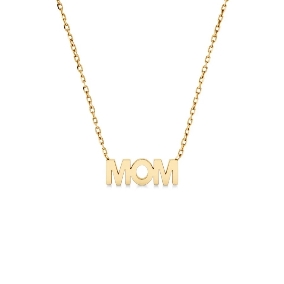 Halsband i 14K guldplätering med rund berlock med texten MOM på fasettslipad kedja