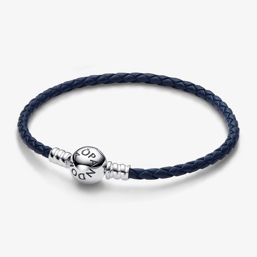 PANDORA - Pandora Moments Flätat Läderarmband med Blått Lås
