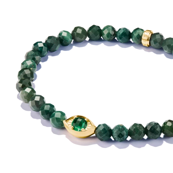Kularmband Grönt Öga från Thomas Sabo med gröna agatpärlor och smaragdgrön eye-bead i guldpläterat silver.