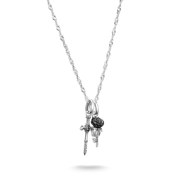 Svärd & Ros True Romance Halsband i återvunnet 925-silver med svart ros och zirkonier