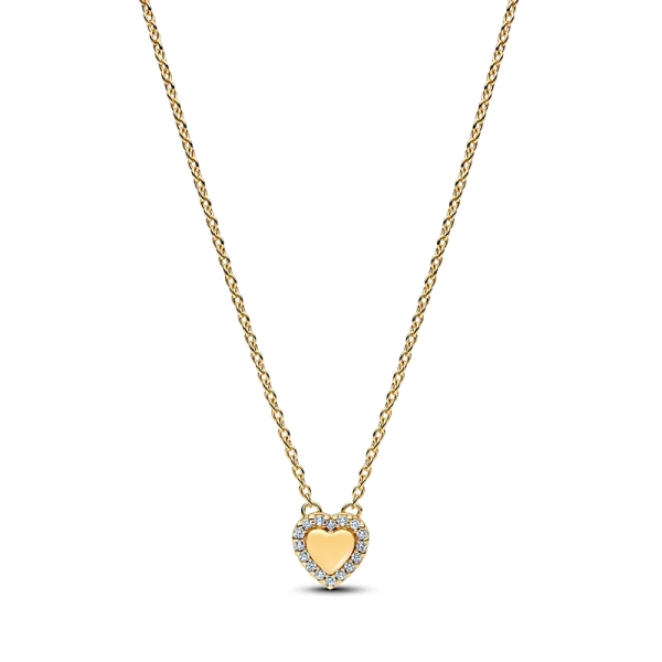 Herzförmige Halskette aus Gold von Pandora Timeless. Eine wunderschöne Halskette mit einem Herz aus 14-karätigem Gold und funkelnden Zirkonia-Steinen. Ein Symbol der Liebe und Verbundenheit