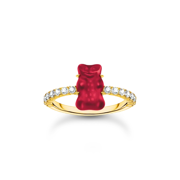 HARIBO Ring med Röd Gummibjörn & Glittrande Stenar Guld - Thomas Sabo - Snabb leverans & paketinslagning - Nordic Spectra