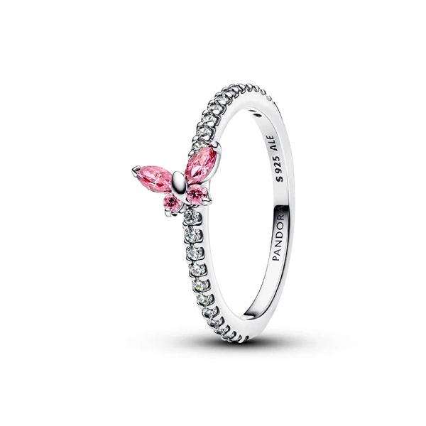 En vacker ring från Pandora med rosa och klara kubisk zirkonia stenar