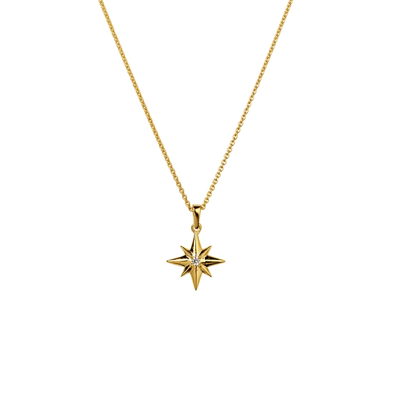 North Star Big Necklace Gold med bergskristall och stjärndekoration på en 18K guldpläterad silverkedja