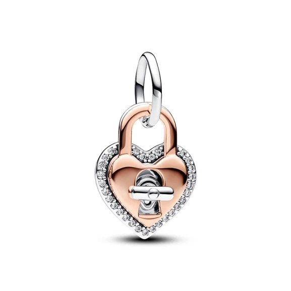 Bicolor Drehbares Herz-Schloss Doppelter Charm-Anhänger - PANDORA - Nordic Spectra