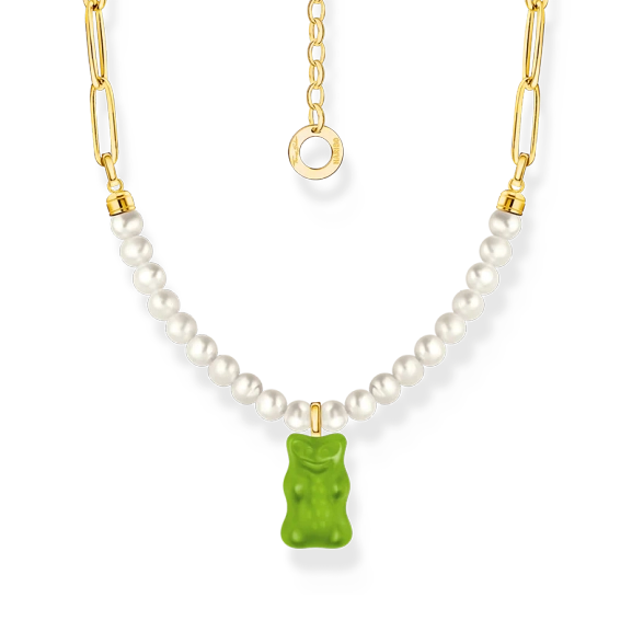 Gliederkette mit grünem Goldbären-Anhänger und Perlen vergoldet - Thomas Sabo - Nordic Spectra