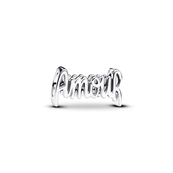 Pandora Moments Amour Charm aus glänzendem Sterlingsilber mit dem Wort „Forever“ in einem stilvollen Design