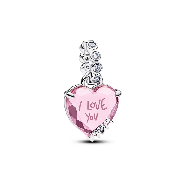 Anhänger „I Love You Mom“ von Pandora aus Silber mit rosa herzförmigem Stein