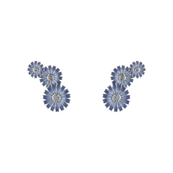 Daisy Blå Layered Örhängen i sterlingsilver med handmålad blå emalj och tre tusenskönor