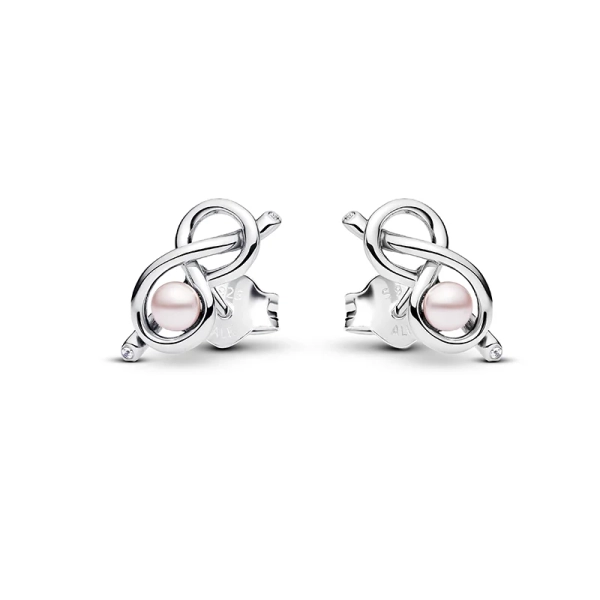 Ohrstecker mit Eternity Knot von Pandora. Elegante Ohrringe aus Sterlingsilber mit rosa Perlen und funkelnden Steinen. Symbolisiert ewige Liebe und Zusammengehörigkeit.