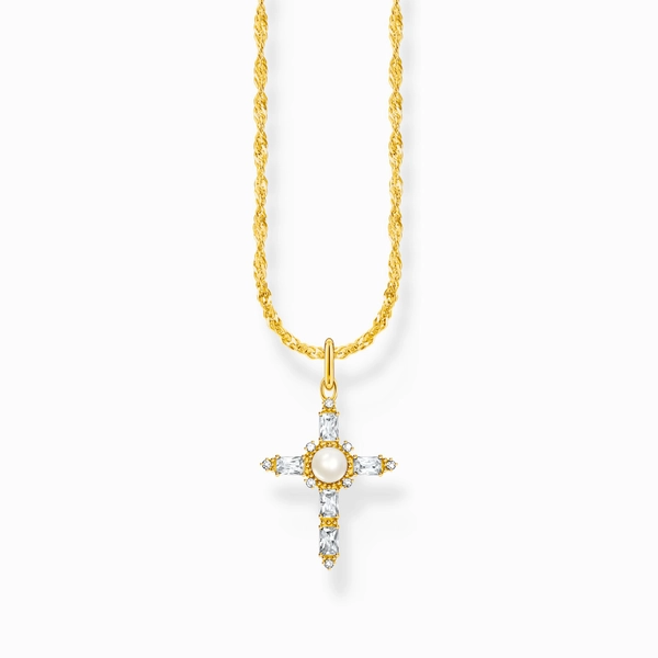 Halsband med Glittrande Kors & Pärla Guld - Thomas Sabo - Snabb leverans & paketinslagning - Nordic Spectra